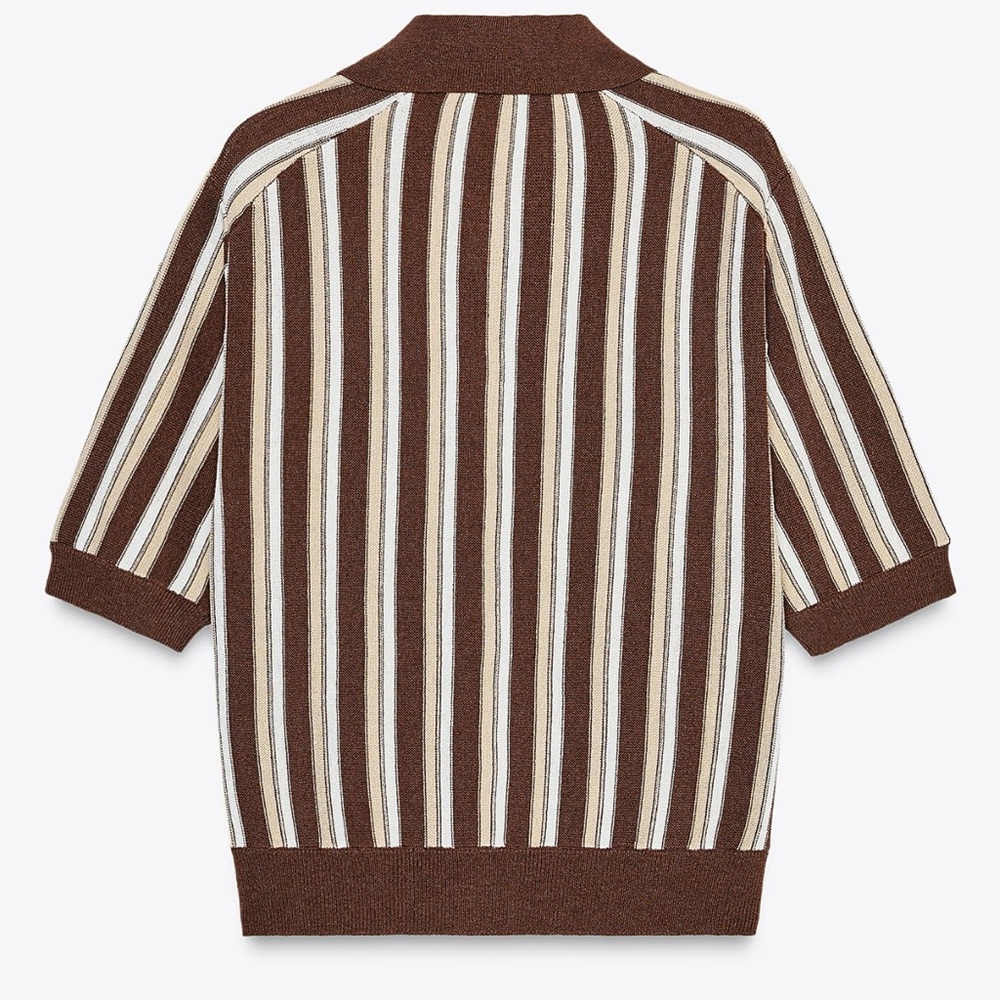 Zara Striped Polo Cardigan Brown/ Tan / White NWT - Picture 6 of 7